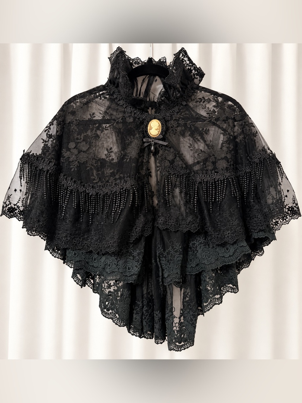 New Punk Rave Gothic Victorian Black Lace Capelet Cameo Beaded Ruffle Collar OS